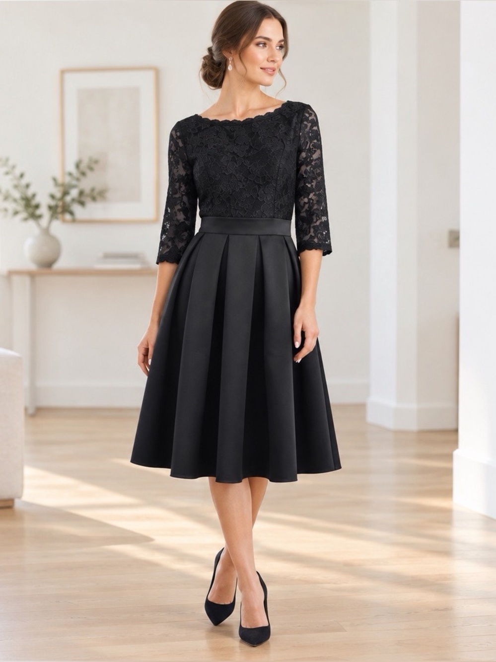 Miusol Black Lace Fit & Flare Midi Dress Size Large 3/4 Sleeve Elegant